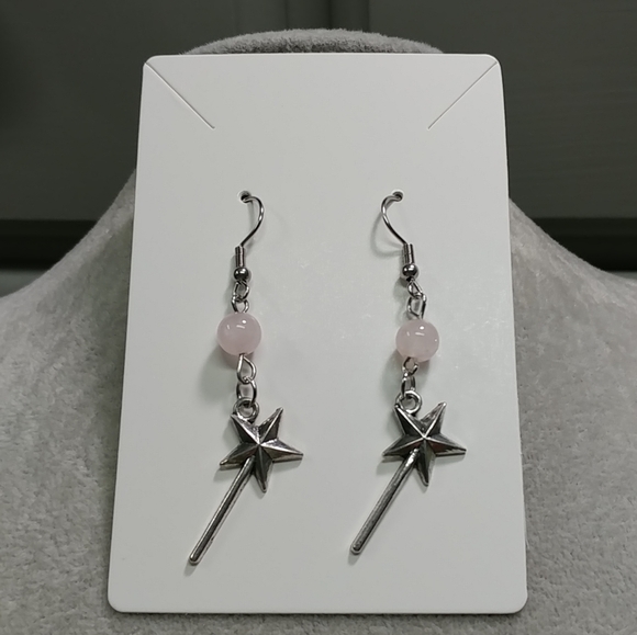 Magic Wand Earrings Natural Rose Quartz Gemstone Crystal Bead Stainless-Steel - Picture 5 of 12